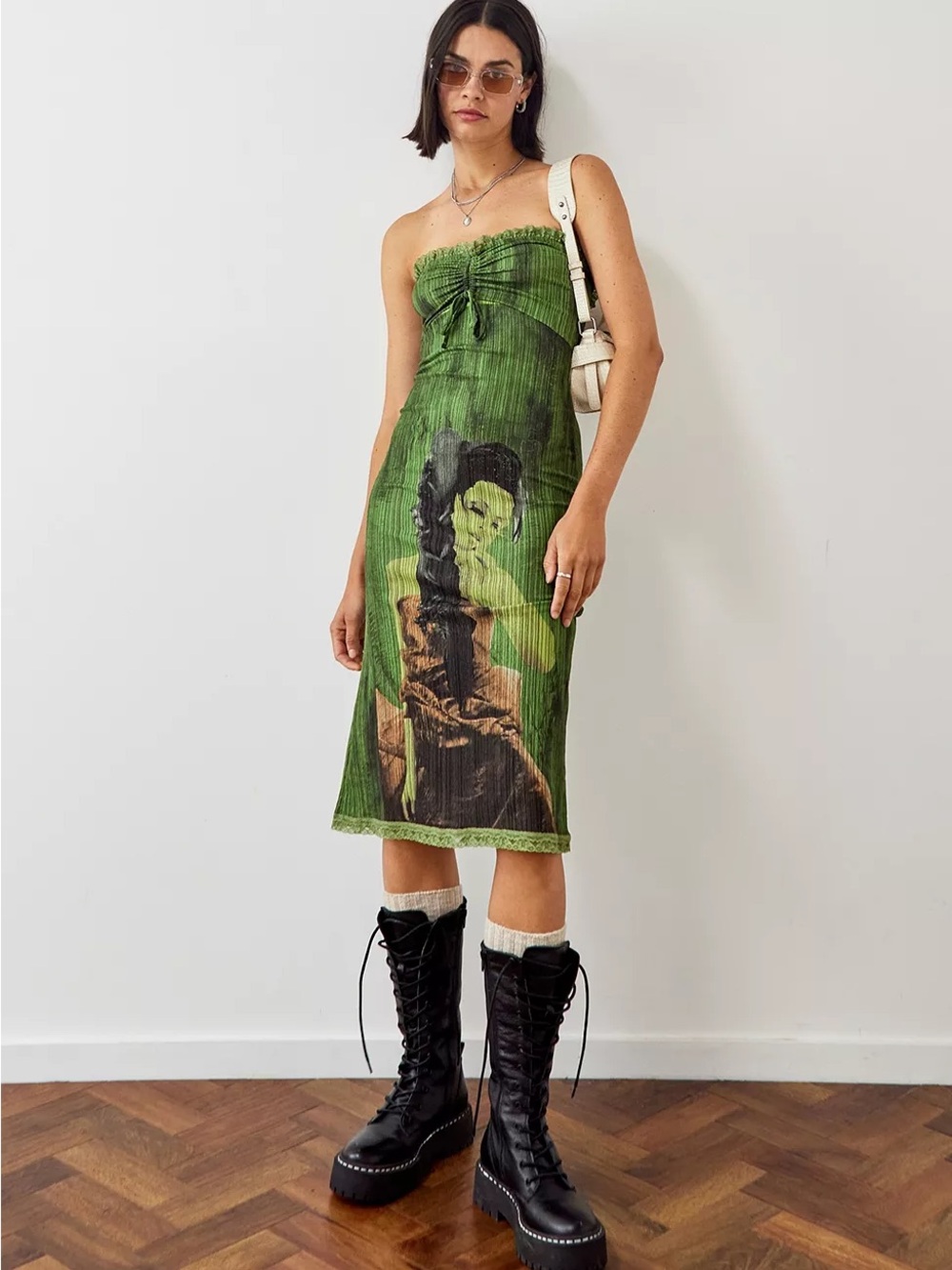 Urban Outfitters Archive Green Crinkle Bandeau Graphic Midi Dress Size M